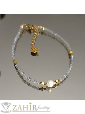 Великолепна гривна за ръка или глезен от естествен сив лабрадорит 3 мм фасета, бяла перла и стоманени елементи, закопчалка и удължител - GA3151